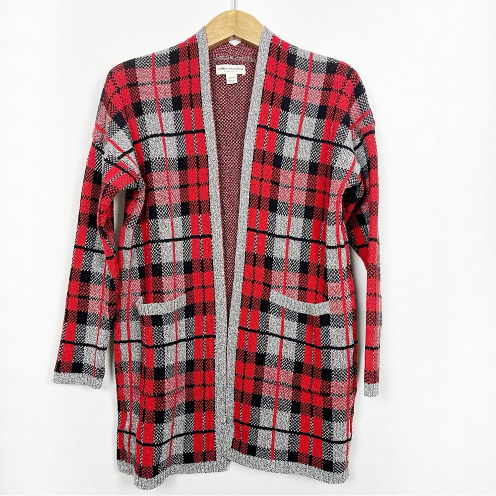 Cotton Country by Parkhurst Plaid Cotton‎ Cardigan in Red and Black Size Medium